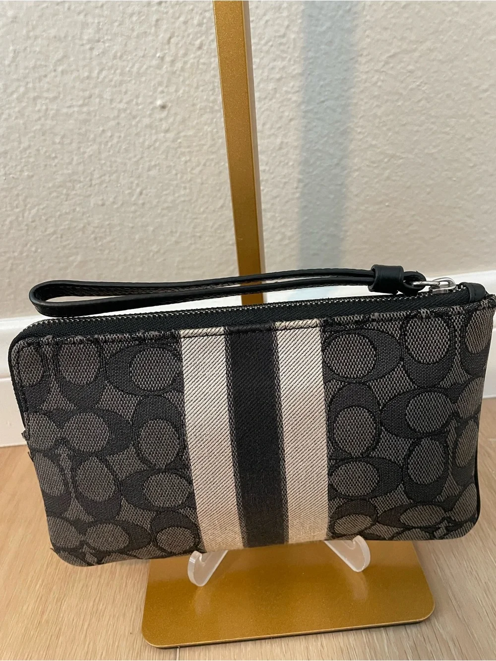Coach Dempsey C8841 Large Corner Zip Wristlet Signature Jacquard Black Stripe